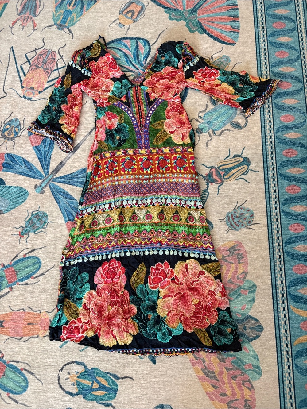 FARM Rio Black Maxi Dress with Pink Floral & Green Leaves
